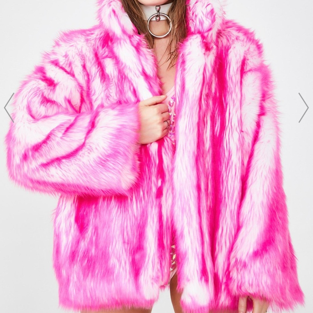 Neon pink Hip-Length Faux Fur Coat